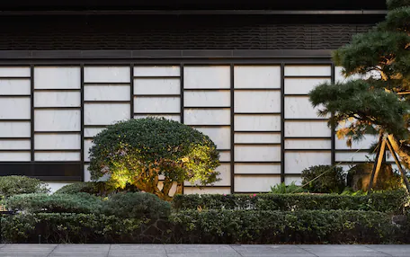 A modern building facade with a grid of windows and a well-maintained garden with a large tree and shrubs.