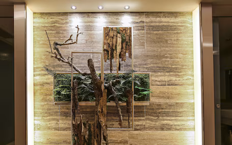 A wall with a large, textured panel and three framed sections depicting natural scenes.