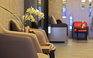 A reception area with a sofa and a chair, a small table, and a decorative orchid plant.